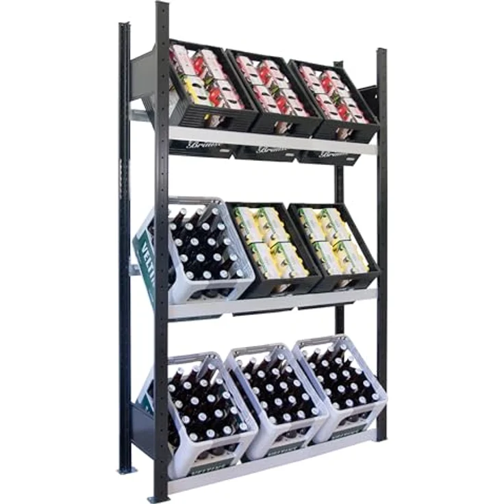Schulte Lagertechnik Kellerregal Getränkekisten-Grundregal, 1800 x 1000 x 300 mm, schwarz/silber, 3 Ebenen für 9 Getränkekisten – Bild 1