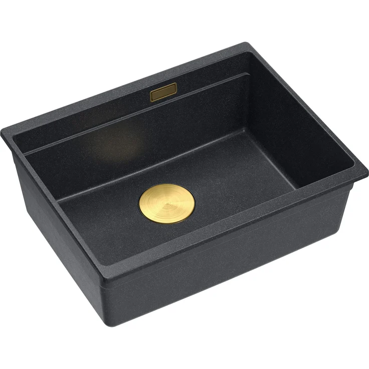 QUADRON LOGAN 100, 1-Becken Granitspüle aus GraniteQ, Größe 59,5 x 45,1 x 21,5 cm, Schwarz + Gold, mit Siphon