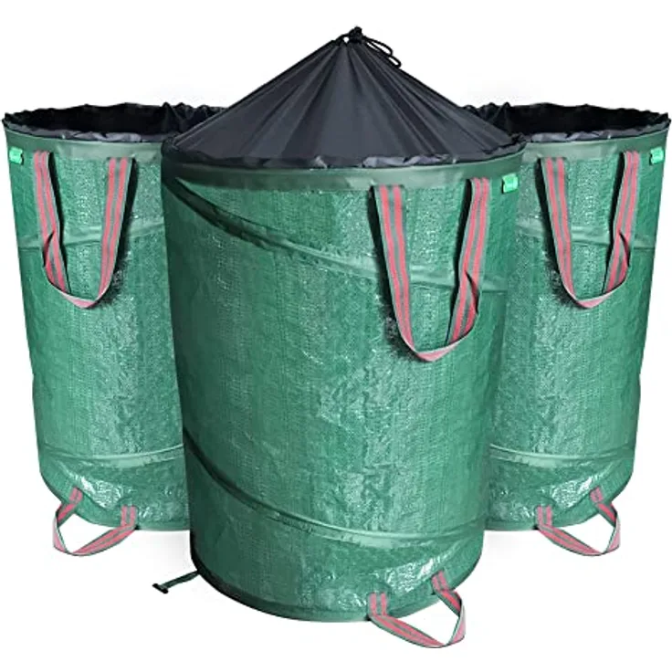 VOUNOT Pop Up Gartensack mit Griffen und Kordelzugverschluss 3er Set 170 L, Faltbarer Laubsack Selbstaufstellend Gartenabfallsack, Grün