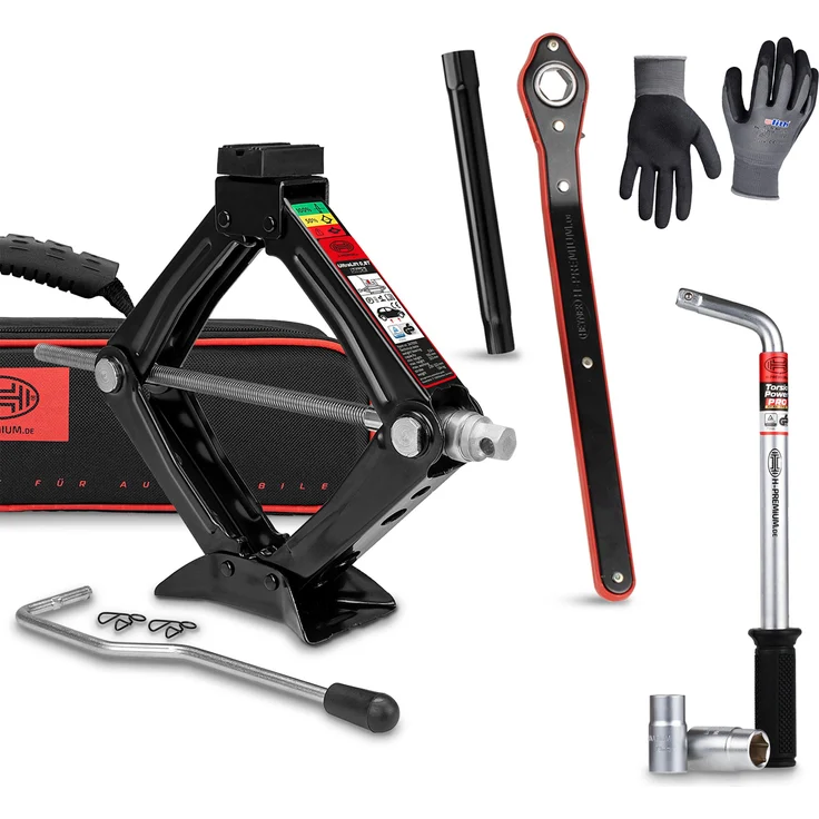 HEYNER® Ultra Lift XS PRO, Scherenwagenheber Set mit drehbarem Sattel, Radmutternschlüssel und Montagehandschuhen, 0,8 t Traglast, Schwarz