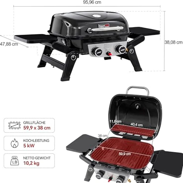 Royal Gourmet 2-Brenner Tragbarer Gasgrill, 5 kW Tischgrill mit klappbaren Seitentischen, portabler BBQ Grill für Balkon, Terrasse, Garten Schwarz – Bild 4