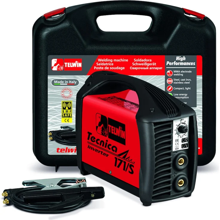 Telwin E-Hand Inverter TECNICA 171/S, Schweißgerät mit Koffer, MMA und WIG, stufenlose Stromeinstellung 10-150 A, IP23, Arc-Force, Hot-Start, Anti-Stick-Funktion