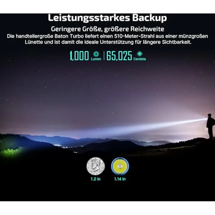 OLIGHT Baton Turbo, kleine Taschenlampe mit 1000 Lumen, 510 Meter Leuchtweite, wiederaufladbar, 50 Tage Laufzeit, 91g, orange, 5 Lichtmodi – Bild 2