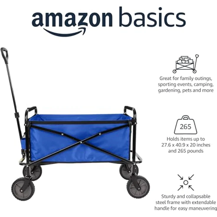 Amazon Basics Zusammenklappbarer Garten-Bollerwagen, faltbar mit Abdeckung, max. Tragkraft 120 kg, Blau – Bild 2