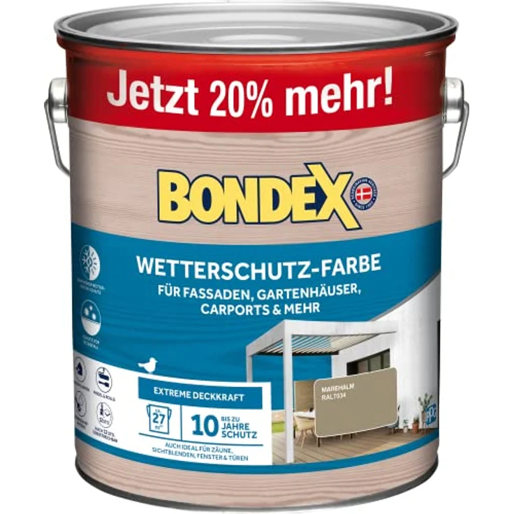 Bondex Wetterschutz Farbe Marehalm (RAL7034) 3 L für 27 m² | Extreme Deckkraft | Hervorragende Witterungsbeständigkeit | seidenglänzend | Wetterschutzfarbe | Holzfarbe – Bild 1