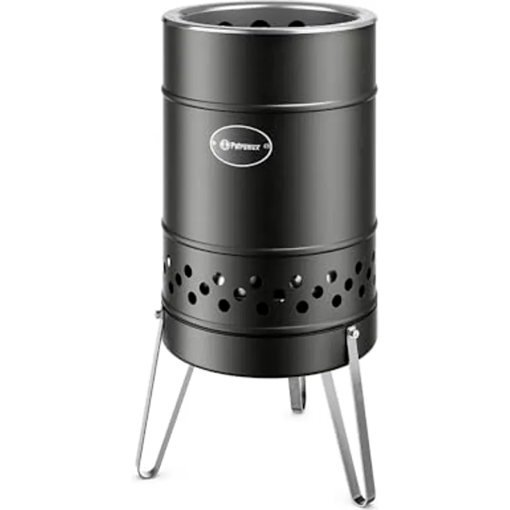 Petromax Feuertonne Pyron Black | Raucharmes Feuer mit Sekundärverbrennung aus Edelstahl, inkl. Ascheschale & Standbeinen, erweiterbar zur Plancha für Garten & Terrasse