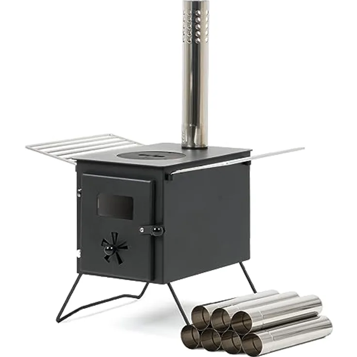 CampFeuer Zeltofen, 54 x 40 x 259,5 cm, vielseitige Zeltheizung und Kochstelle für Outdoor, inkl. Funkenschutzrohr und integrierten Zuluftregler