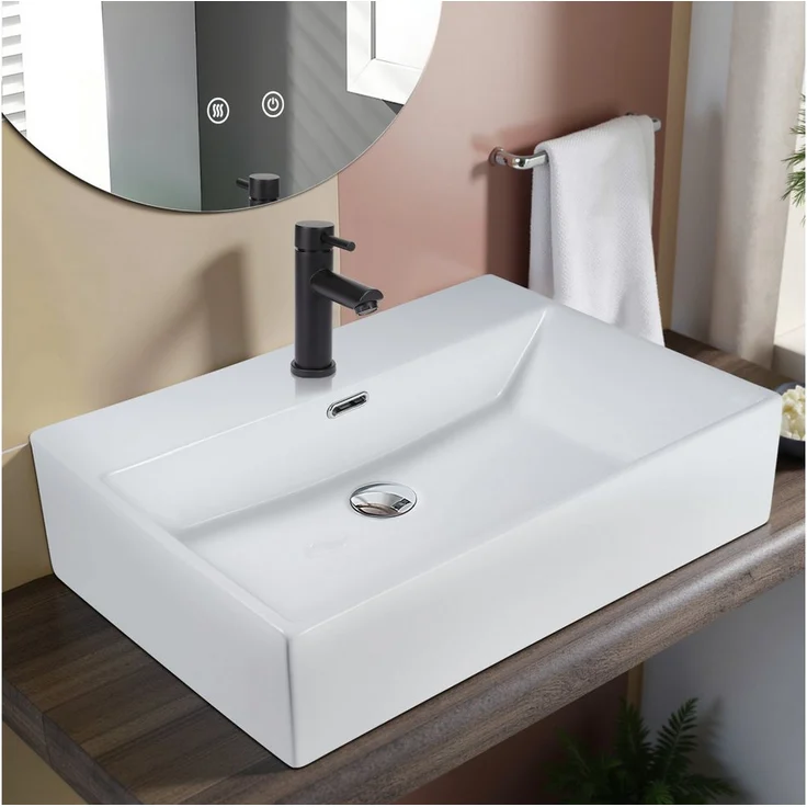 Nettlife Waschbecken Badezimmer Aufsatzwaschbecken Keramik Eckig Klein 51CM, Hängewaschbecken mit Hahnloch, Weiß