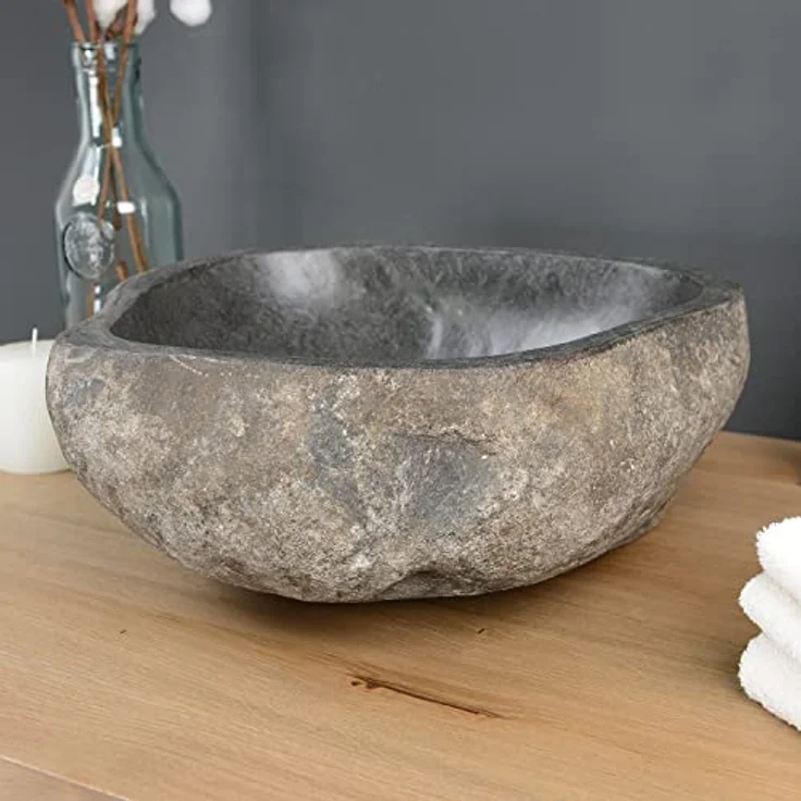 40 cm Naturstein-Waschbecken rund grau Naturstein-Waschschale Flussstein-Aufsatz-Hand-Waschbecken oval rund eckig WOHNFREUDEN – Bild 1