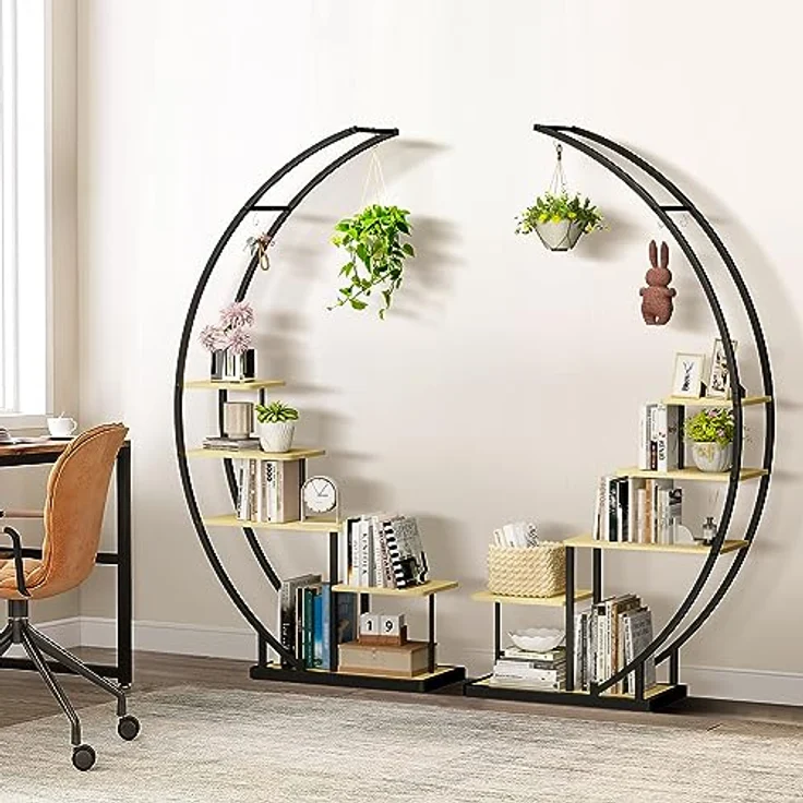 Ribelli 5-stufiger Metall-Pflanzenständer in Halbmondform 172cm, Pflanzenregal mit 5 Ablagen & Haken, Hoch Blumenständer Pflanzentreppe mit Kippschutz für Balkon Wohnzimmer Terrasse (1 Stück, Braun) – Bild 5