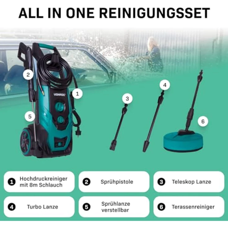 VONROC V22-2 Hochdruckreiniger, 170 bar, 2200 W, inkl. Fassadenreiniger und Dampfreiniger-Zubehör – Bild 3