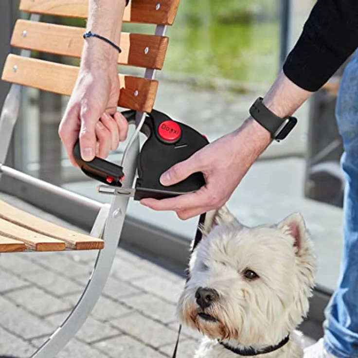 Dogxi Hundeleine Rollleine 5m 25kg Griff aufklappbar Gurtzunge im Auto befestigen kleine mittelgroße Hunde schwarz mit Karabiner Leine 11mm breit ausziehbar verstellbar einziehbar – Bild 5