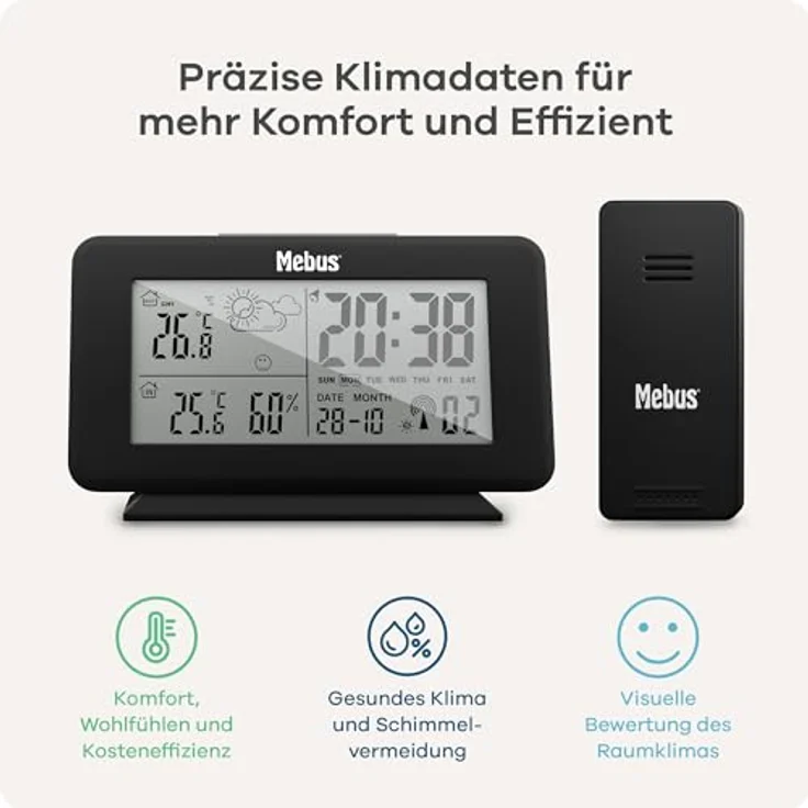 Mebus Digitale Funk-Wetterstation 40689, Wettervorhersage, Außensensor, Thermometer innen und außen, Kalender, backgroundbeleuchtung, Schwarz – Bild 2
