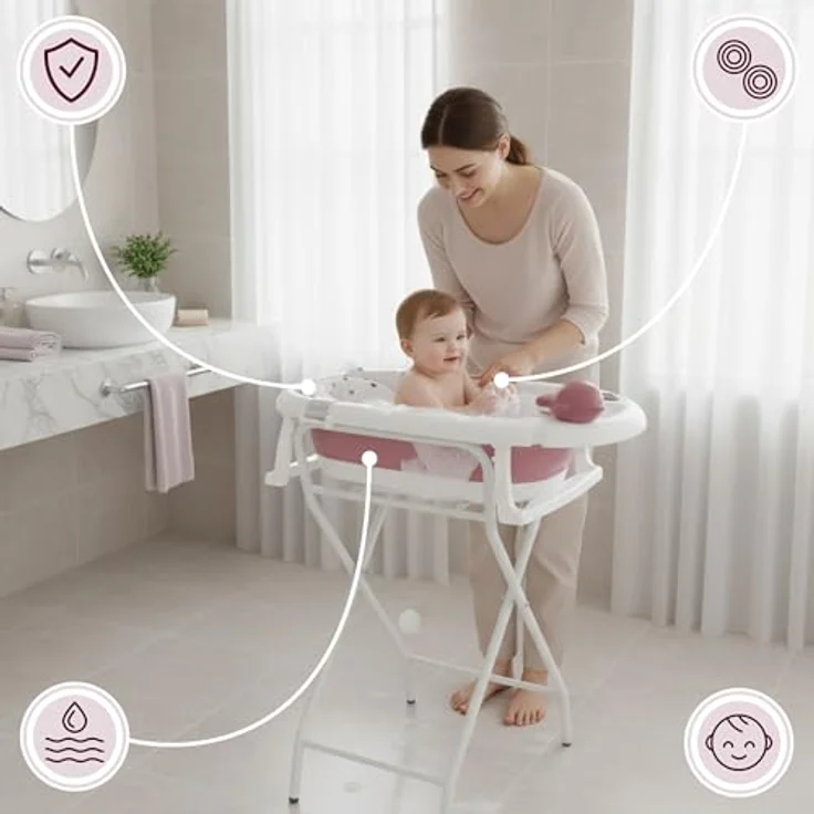 Moby-System Faltbare Babybadewanne mit LCD-Thermometer, ergonomischem Standfuß und Halterung - Altrosa – Bild 5