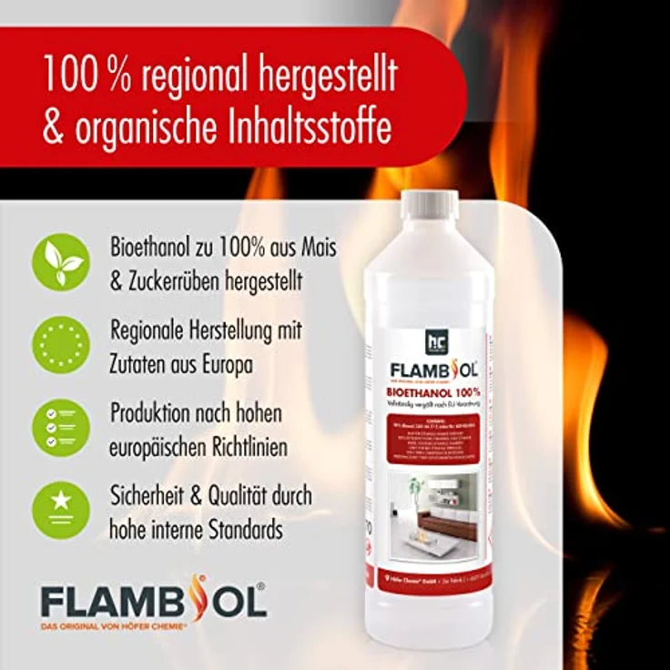 Höfer Chemie 24 L FLAMBIOL® Bioethanol 99,9% Premium (24 x 1 L) für Ethanol Kamin, Ethanol Feuerstelle, Ethanol Tischfeuer und Bioethanol Kamin – Bild 5
