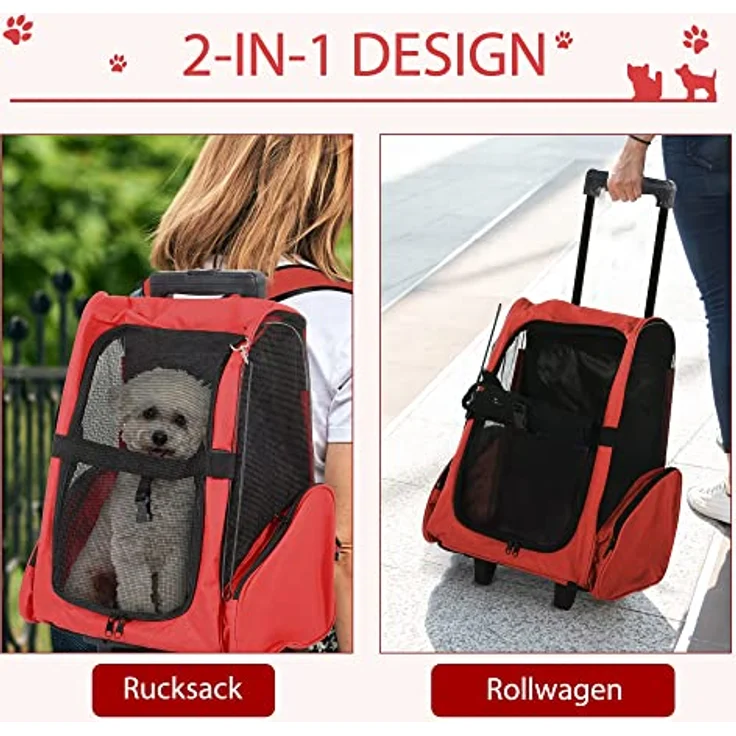Pawhut Hundetrolley Transporttasche Tragetasche für Tiere 2in1 Rucksack und Trolley 35x27x49 cm rot – Bild 4