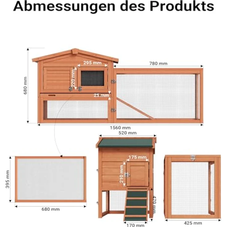 Wiltec XXL Hasenstall 1560 x 520 x 680 mm mit Freilaufgehege und erhöhtem Unterschlupf, Fichtenholz, 2 Etagen, Kleintierstall, für Hasen, Kaninchen & Meerschweinchen, grün – Bild 3