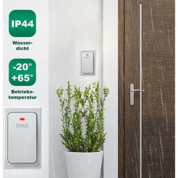 Eaxus® Funk Türklingel - Batterielose Funkklingel, Kinetisch, IP44 Wasserdicht, 36 Melodien, LED Anzeige, Weiß – Bild 4