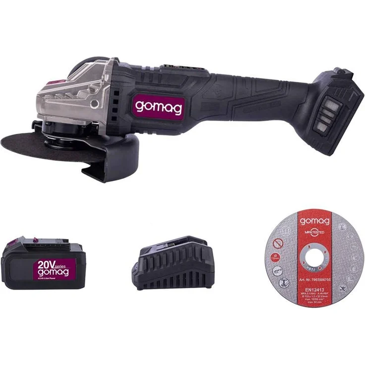 Gomag Akku-Winkelschleifer GO-WS125BL, 1x4,0 Ah Akku, 4,5 A Ladegerät, 12 Trennscheiben, max. 10000 U/min, Spindelarretierung für einfachen Werkzeugwechsel