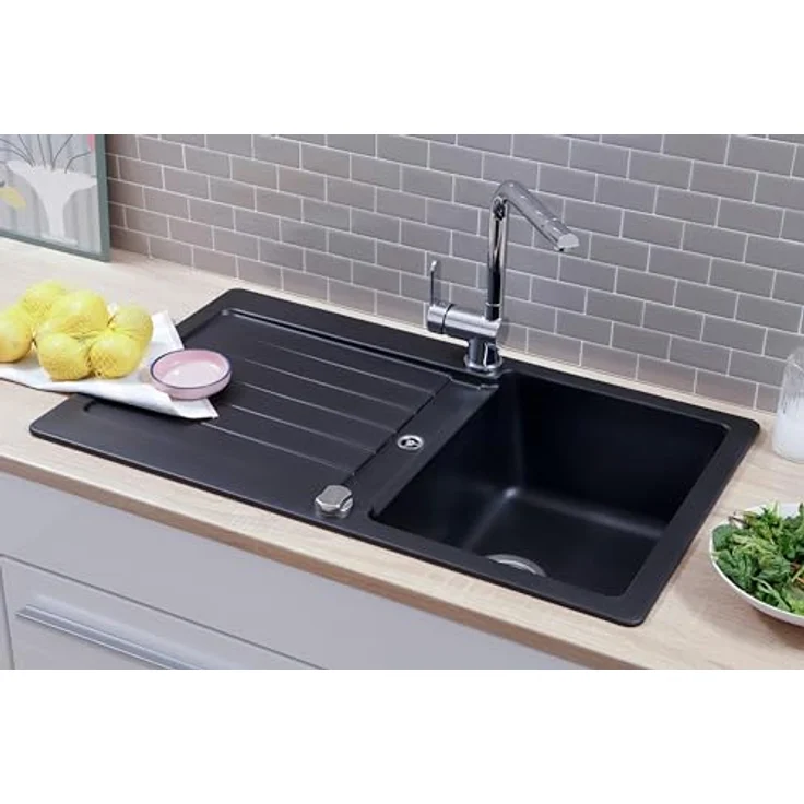 Respekta Austin Massivgranit Spüle 86 x 50 cm, hitzebeständig, 1 Becken, abgeschrägte Abtropffläche, schwarz, für Unterschränke ab 45 cm – Bild 3