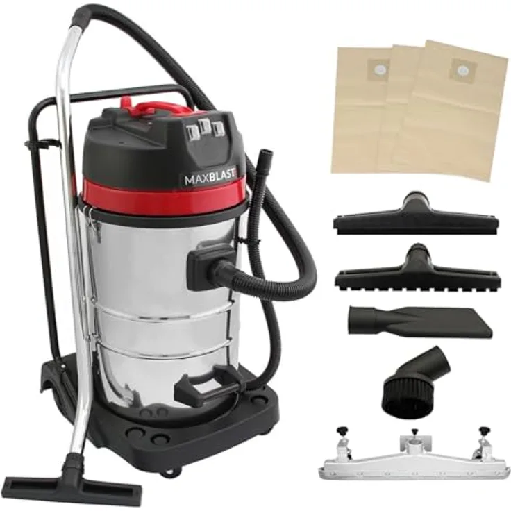 MAXBLAST Industriestaubsauger, 80 l, Nass- und Trockensauger, 5 Aufsätze, gewerbliche Reinigung, 3000 W, Dreifachmotor, Edelstahl-Tuchfilter, beutellos, 3 x KOSTENLOSE Staubsaugerbeutel