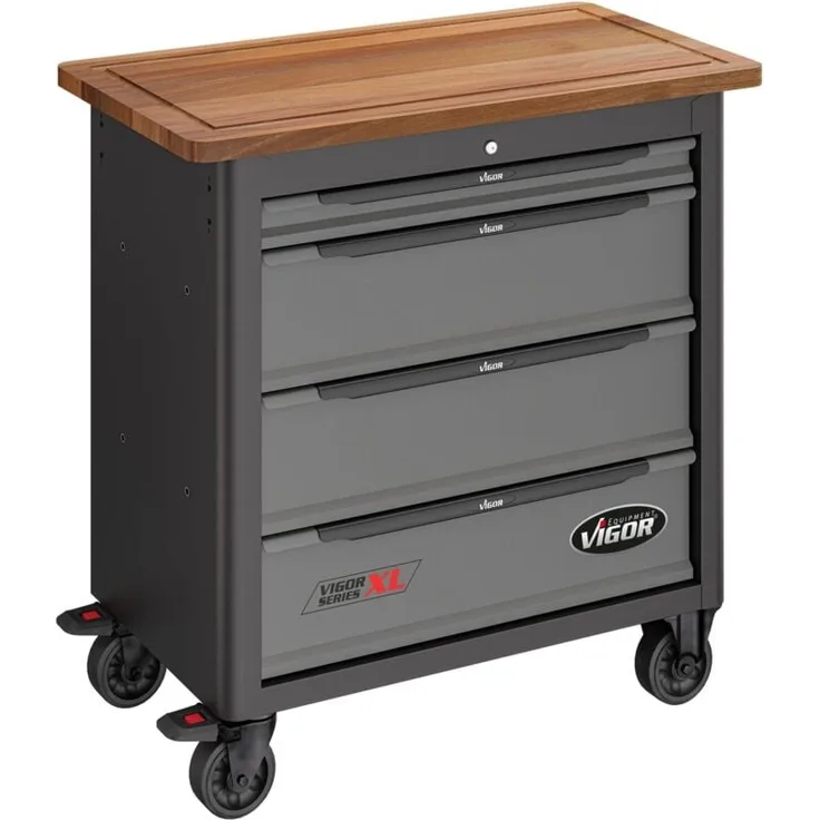 Vigor Mobile Werkbank Series XL, leer, Holzplatte mit integrierter Auffangrinne, hohe Tragfähigkeit, RAL 9005