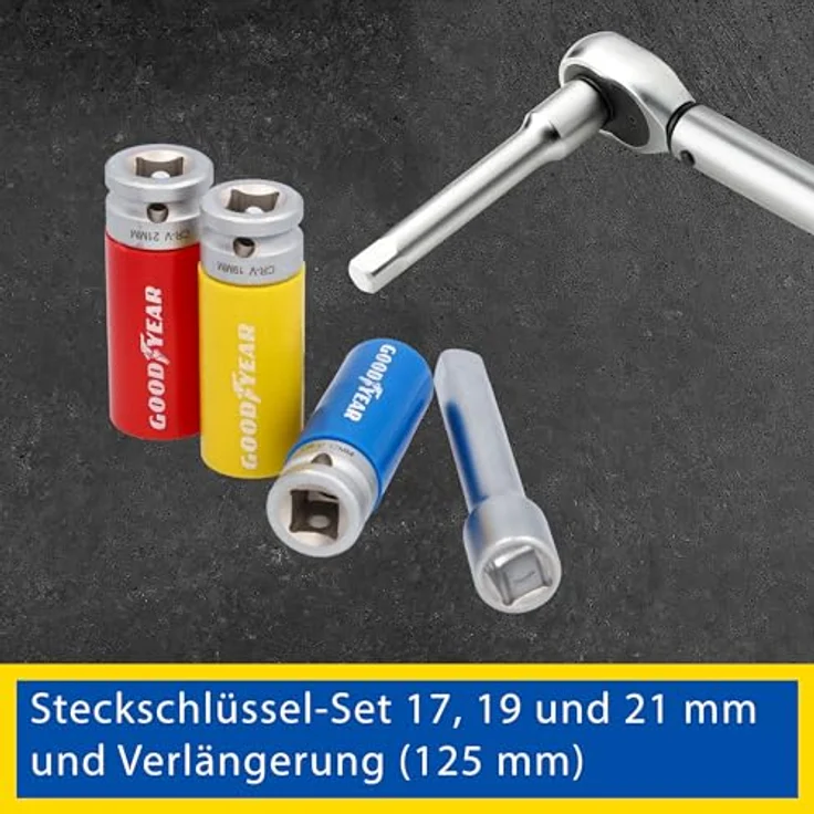 Goodyear Drehmomentschlüssel Set für Radwechsel (1/2"), 11-teilig mit farbcodierten Nüssen und stabiler Aufbewahrungsbox – Bild 8