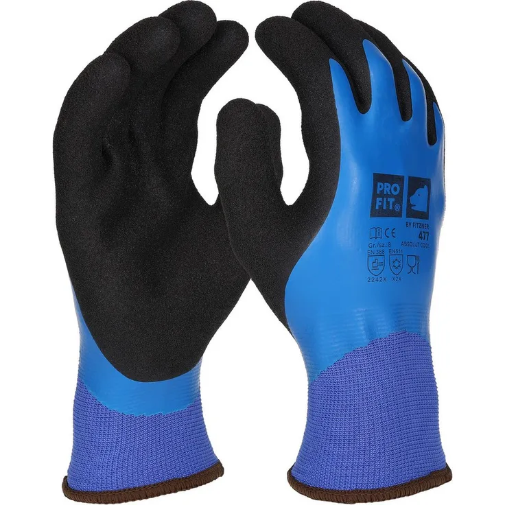 PRO FIT by Fitzner Winter-Arbeitshandschuhe Absolut Cool, Latexschaum, blau/schwarz, vollgetaucht, wasserdicht, angenehme Wärme, fester Griff, lebensmittelzugelassen, 6 Paar
