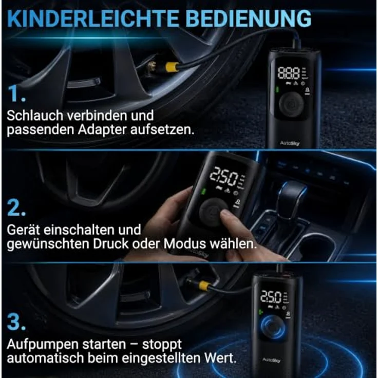 AutoSky AAC-301, Reifenpumpe mit Taschenlampe, Powerbank und 150 PSI Druck – Bild 4