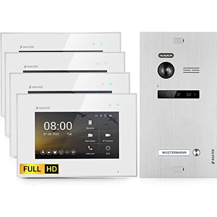 Balter EVO HD Video-Türsprechanlage, Komplettset für Einfamilienhaus mit 4x 7 Zoll Monitoren, Full HD Kamera, 175° Ultra-Weitwinkel, Nachtsicht und 2-Draht-BUS-Technologie – Bild 1