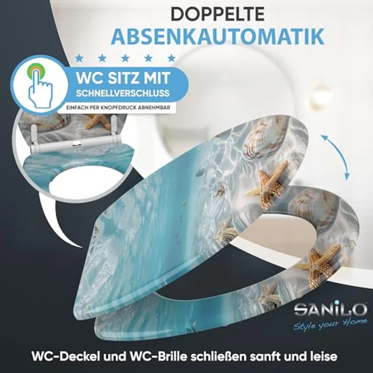Sanilo WC Sitz Top Fix Waterworld, Absenkautomatik, bruchfestes Holz, 6 Abstandshalter, pflegeleicht, antibakterielle Beschichtung – Bild 3