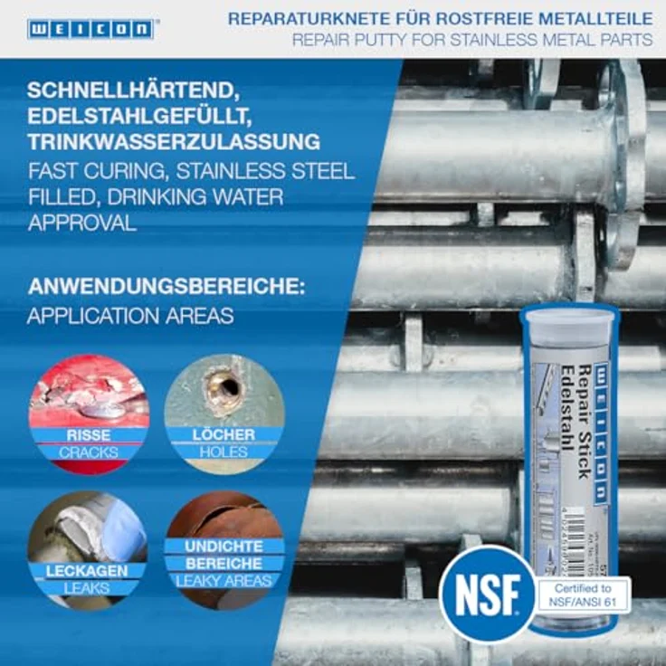 WEICON Repair Stick Edelstahl 57 g, schnelles Klebemittel für korrosionsbeständige Reparaturen an rostfreien Metallen – Bild 2