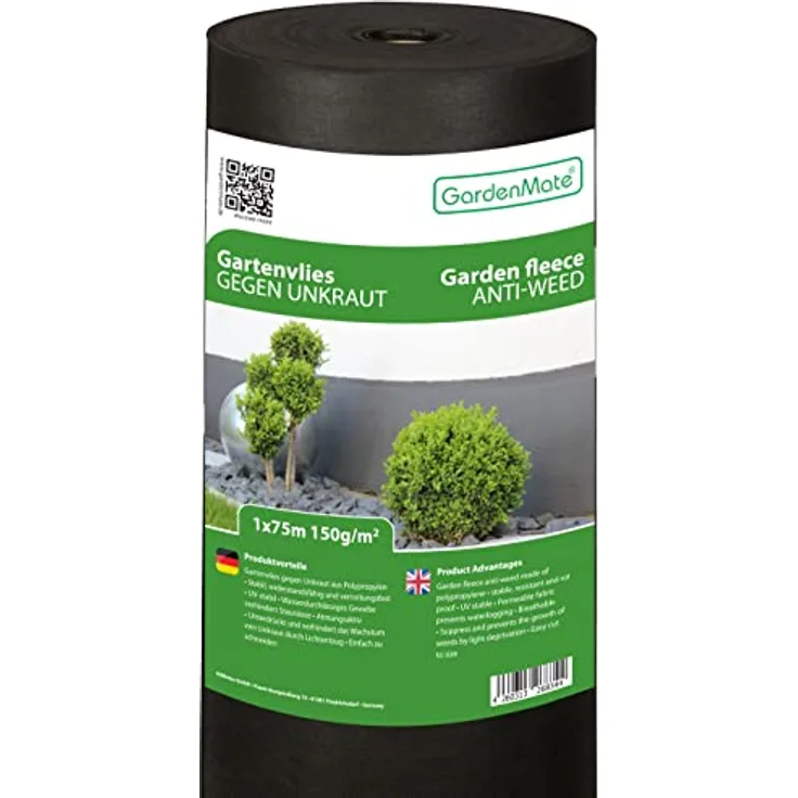 GardenMate Unkrautvlies Rolle 1m x 75m, 150g/m², wasserdurchlässig, reißfest, UV-stabilisiert, geeignet für Garten- und Pflanzenanwendungen