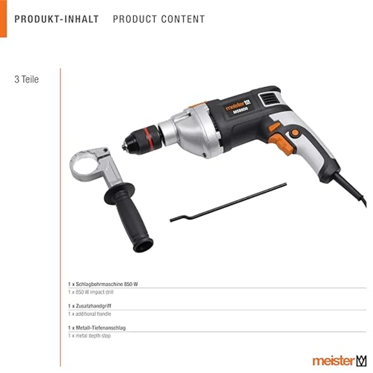meister Schlagbohrmaschine MSB850, 850 W, leistungsstarker Motor, Drehzahl bis 3000 U/min, inkl. Zusatzhandgriff und Metall-Tiefenanschlag – Bild 6