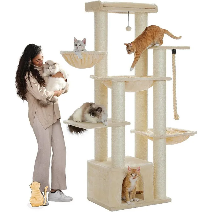PurpurRain Kratzbaum Extra-Dick Stämme XXL Stabil, 114/170 cm, Schwarz/Rosa/Beige