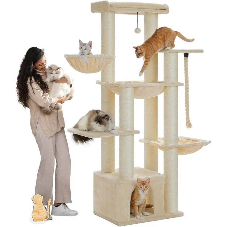 PurpurRain Kratzbaum Extra-Dick Stämme XXL Stabil, 114/170 cm, Schwarz/Rosa/Beige