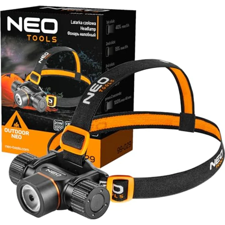 NEO TOOLS Akku-/Batterie-Kopftaschenlampe 20W, bis zu 2000 Lumen, Reichweite 200m, CREE XP50.2, IPX4, 4000mAh Li-Ionen, 5 Lichtfunktionen, USB, mit Kopfband – Bild 1
