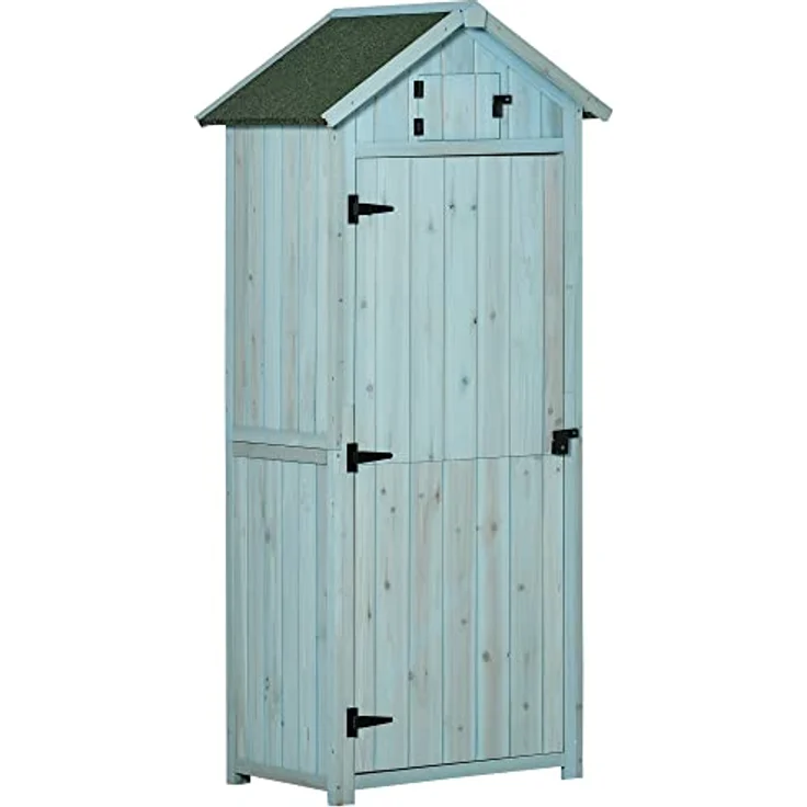 Outsunny Gartenschrank Gartenhaus Gerätehaus Geräteschuppen mit Fachböden Asphaltdach Fenster Holz Hellblau+Grün 77 x 54,2 x 179 cm – Bild 1