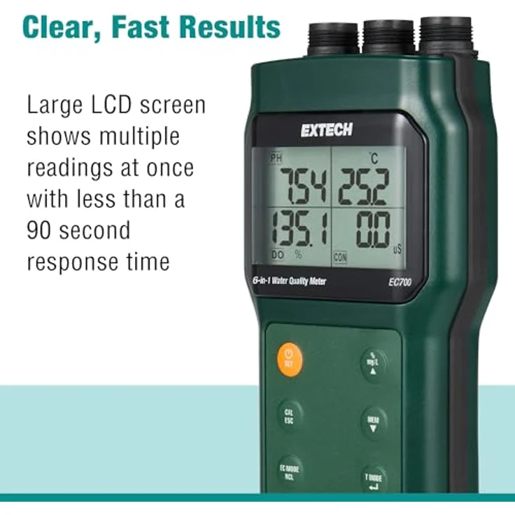 Extech EC700, 6-in-1 Wasserqualitätsmessgerät mit pH-Wert, Salinität und Leitfähigkeit, großes LCD-Display, 99 Speicherplätze – Bild 6