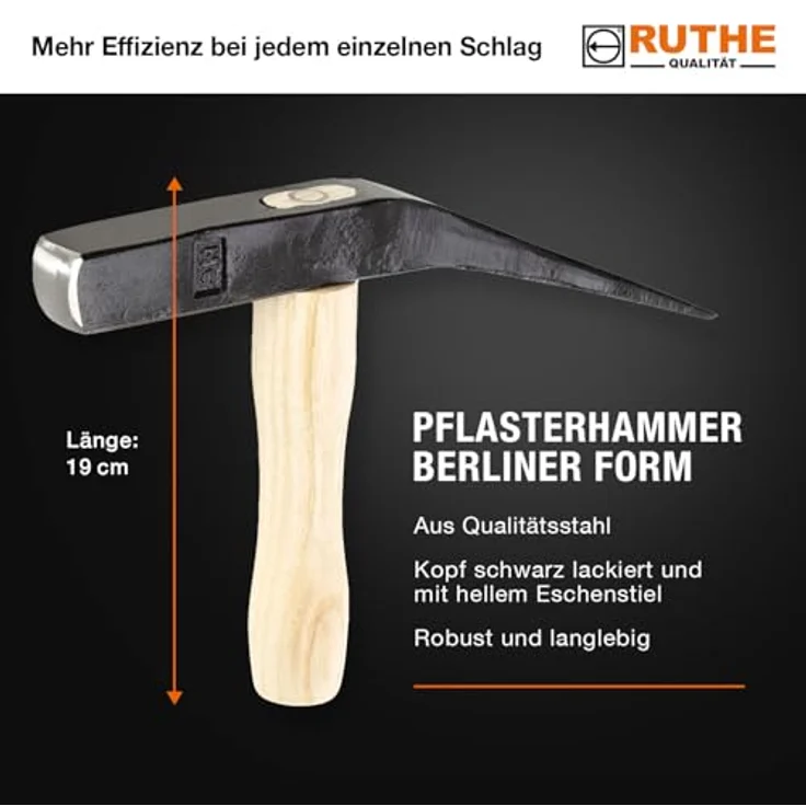 Ruthe Pflasterhammer 3020059119, 2000 g, Berliner Form, Qualitätsstahl, schwarzer Kopf, heller Eschenstiel, 190 mm – Bild 2