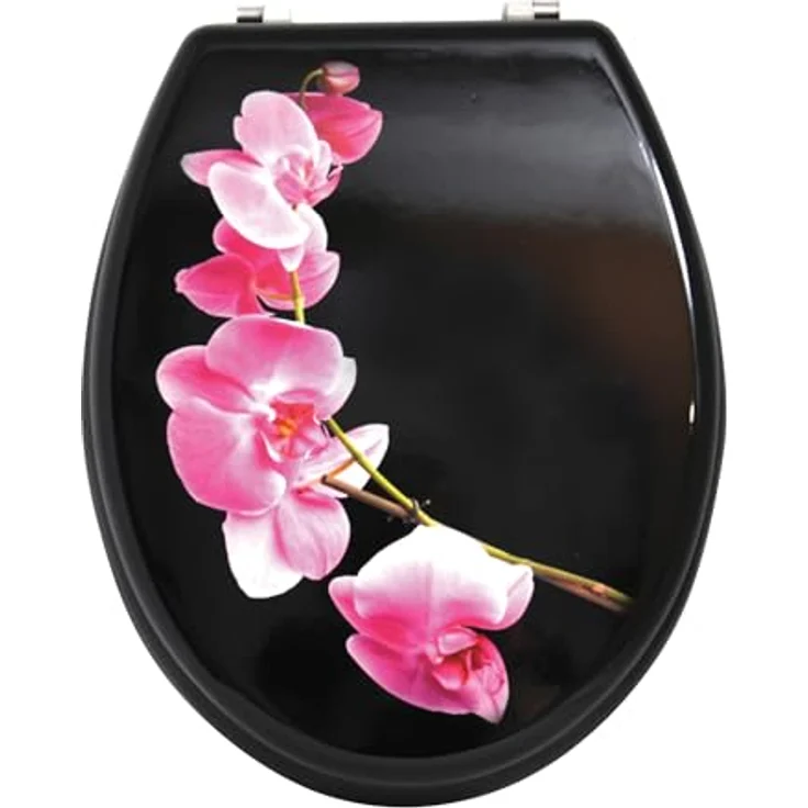 MSV WC-Sitz Lanyu, MDF mit Edelstahl-Scharnieren, 42,5 cm x 36,5 cm x 5 cm, Schwarz-Pink, hygienische Oberfläche, rutschfest – Bild 2