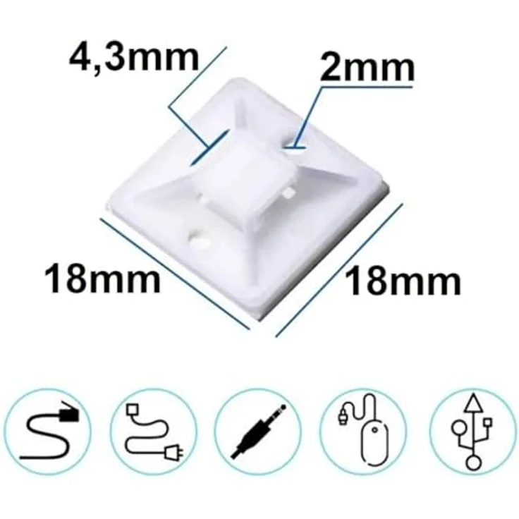 20er Set Klebesockel für Kabelbinder Weiß 18 x 18 mm - 20 Stück Befestigungssockel Selbstklebend und mit Schraubstellen | Kabelschelle Klebepads | Kabelbinderhalter | Montagesockel Set – Bild 2