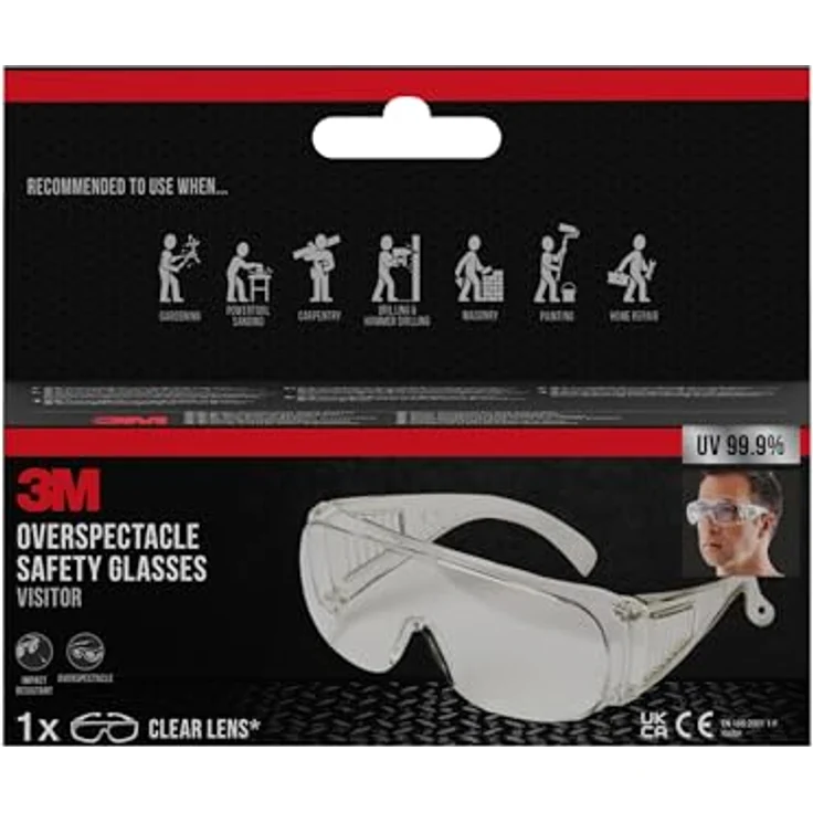 3M VisitorC Schutzbrille für Brillenträger, leichte Elektrowerkzeugarbeiten, Schutz gegen Splitter, 99.9% UV-Schutz, Klare Polycarbonatscheiben – Bild 5