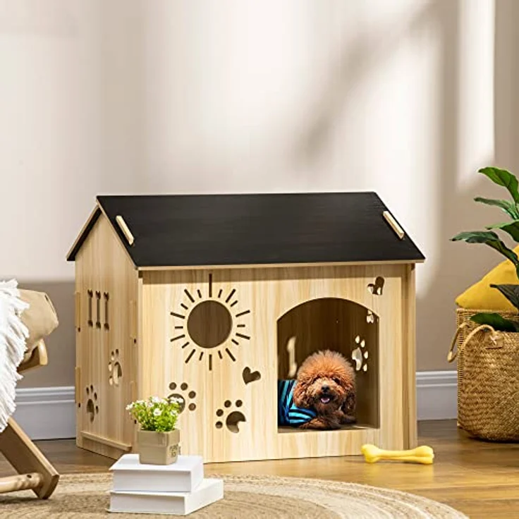 PawHut Hundehütte aus Holz Kleintierhaus mit Lüftungsöffnungen Hundehaus mit Dach Hundehöhle Indoor MDF Eiche+Schwarz 69 x 50 x 58,5 cm – Bild 2