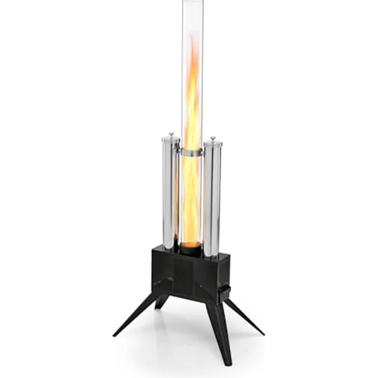 LANDMANN Pellet Feuersäule, Aluguss Pellet Feuerstelle mit Glasrohr-Design, Brenndauer bis zu 150 Min., für handelsübliche Holzpellets
