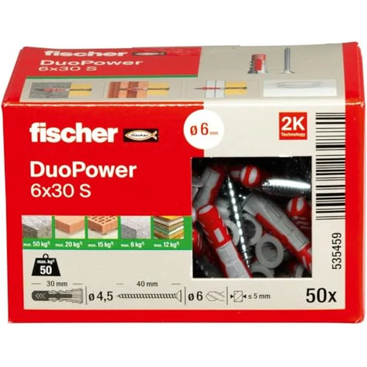 fischer DuoPower 6 x 30 S, Universaldübel mit Sicherheitsschraube, 2-Komponenten-Dübel für Beton, Ziegel, Stein, Gipskarton, 50 Dübel + 50 Schrauben – Bild 3