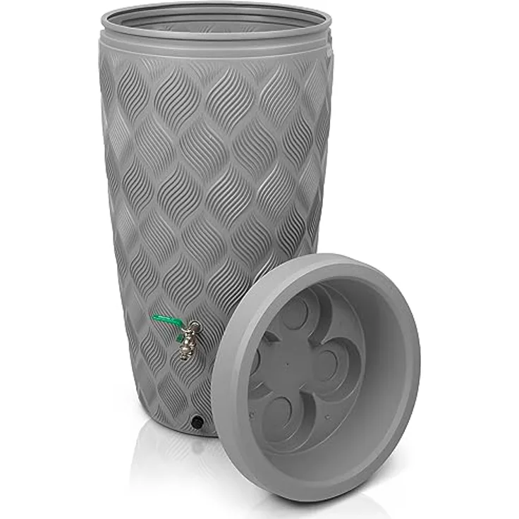 YourCasa Regentonne 240 Liter [Seabreeze] - Design-Highlight mit traumhafter Oberflächenstruktur - Regenwassertonne für Garten, frostsicher (Grau Ohne Wasserhahn)