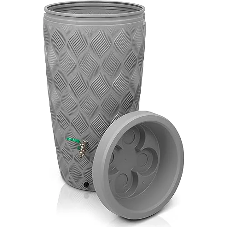 YourCasa Regentonne 240 Liter [Seabreeze] - Design-Highlight mit traumhafter Oberflächenstruktur - Regenwassertonne für Garten, frostsicher (Grau Ohne Wasserhahn) – Bild 1