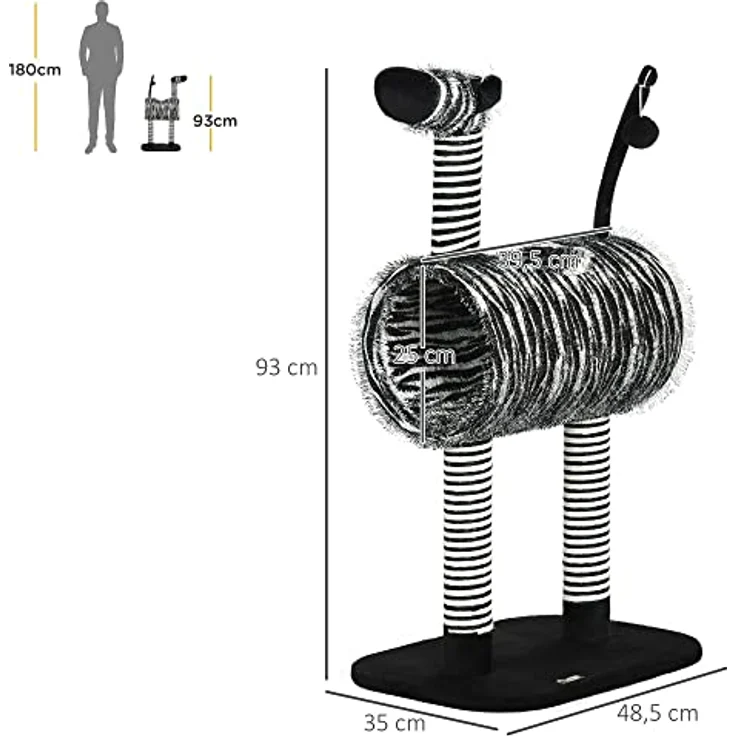 PawHut Kratzbaum, Höhe 93 cm, Katzenbaum im Zebra-Design, Kletterbaum mit Katzentunnel, Katzenkratzbaum mit Jutepfosten, Spielbaum, Katzenmöbel, Schwarz+Weiß – Bild 3
