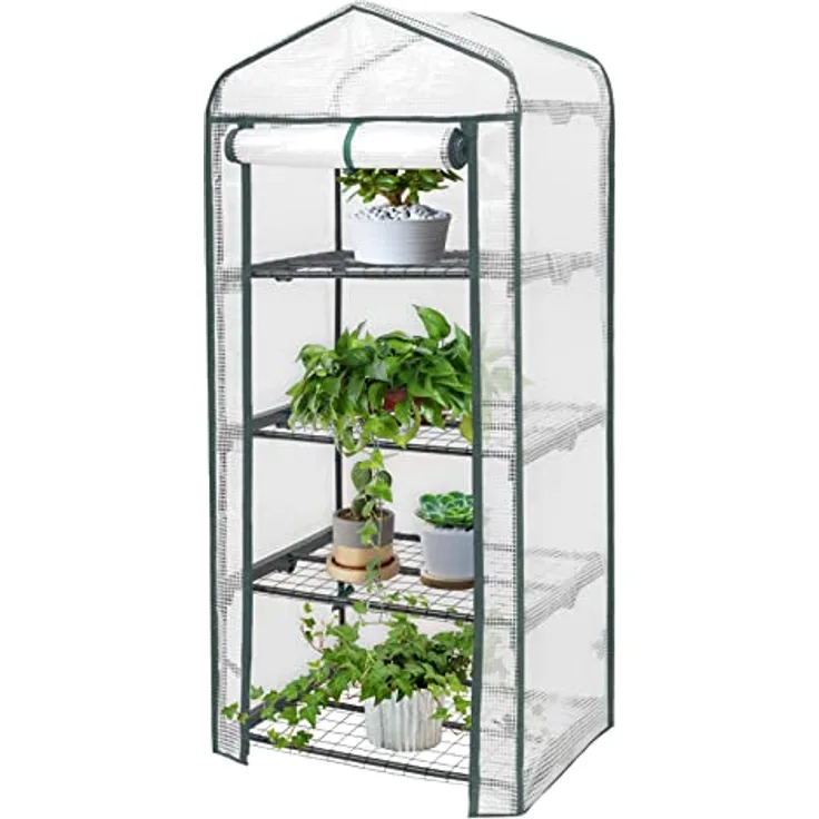 WOLTU Gewächshaus, Foliengewächshaus mit 4 Ablagen, Tomatengewächshaus, Anlehngewächshaus, mit aufrollbarer Tür, Balkon Garten Terrasse, Winterfest Weiß, stabil, platzsparend, 69x49x158cm